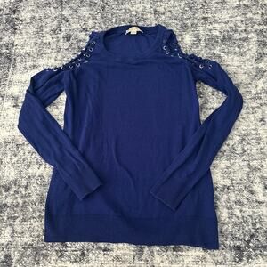 Michael Kors Blue Cold Shoulder Top Grommet Detail Long Sleeve Blouse Sz Medium